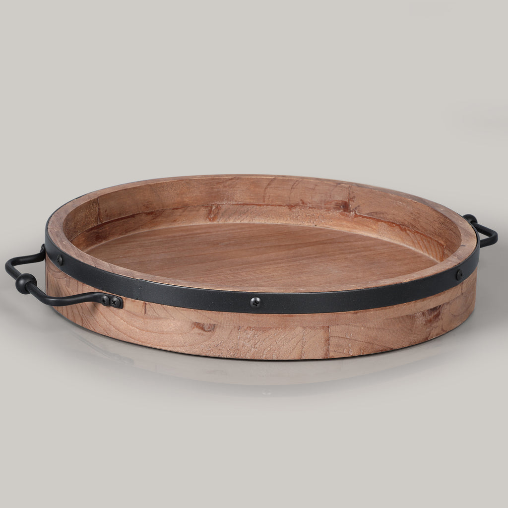 LILOCASA | Round Coffee Table Tray - 13'' Farmhouse Wood Serving Tray with Metal Handles